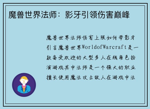 魔兽世界法师：影牙引领伤害巅峰